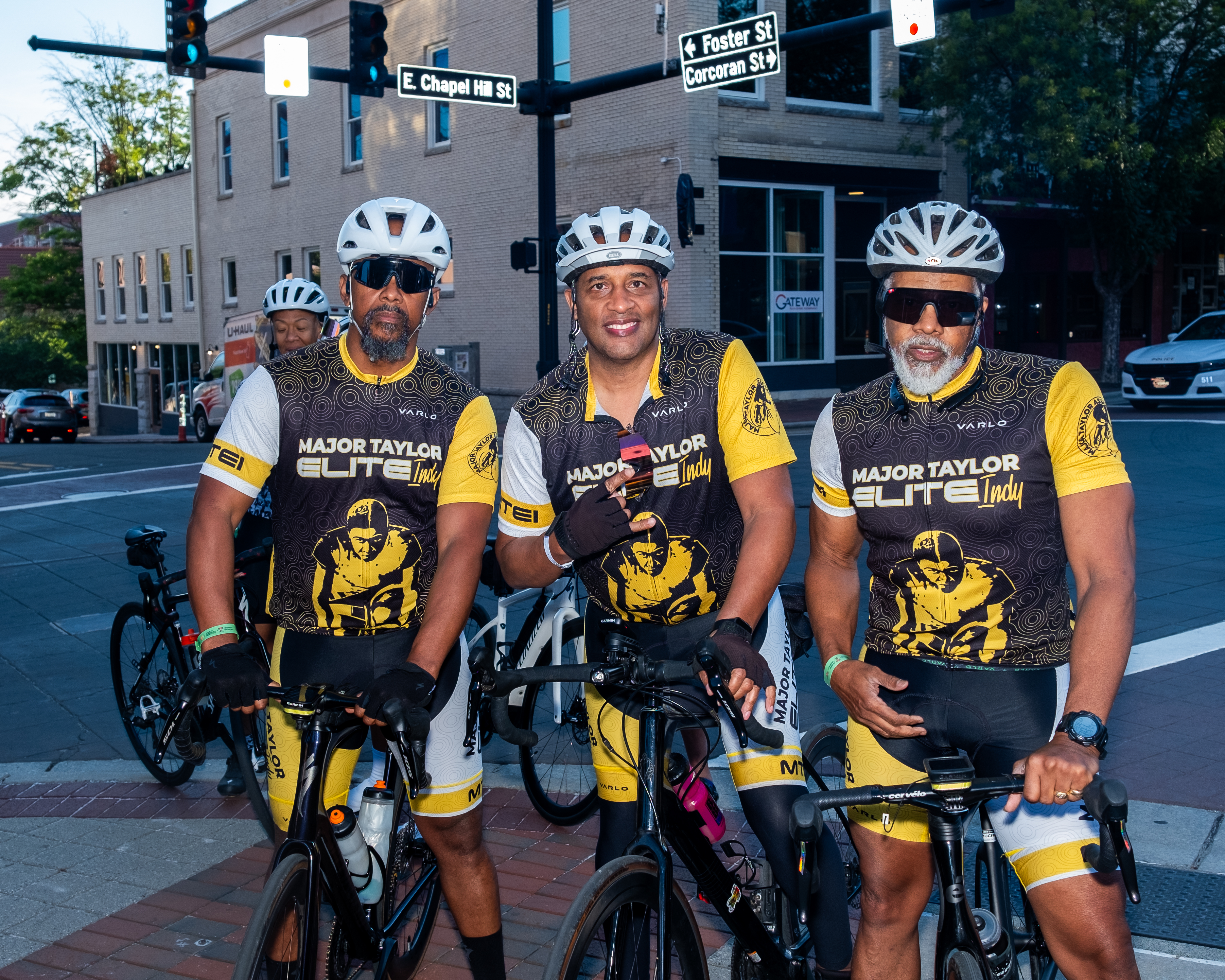 Major Taylor Elite Indianapolis cycling club at the E. Chapel Hill Street and Corcoran Street intersection in downtown Durham for the MTICA 2026 Convention