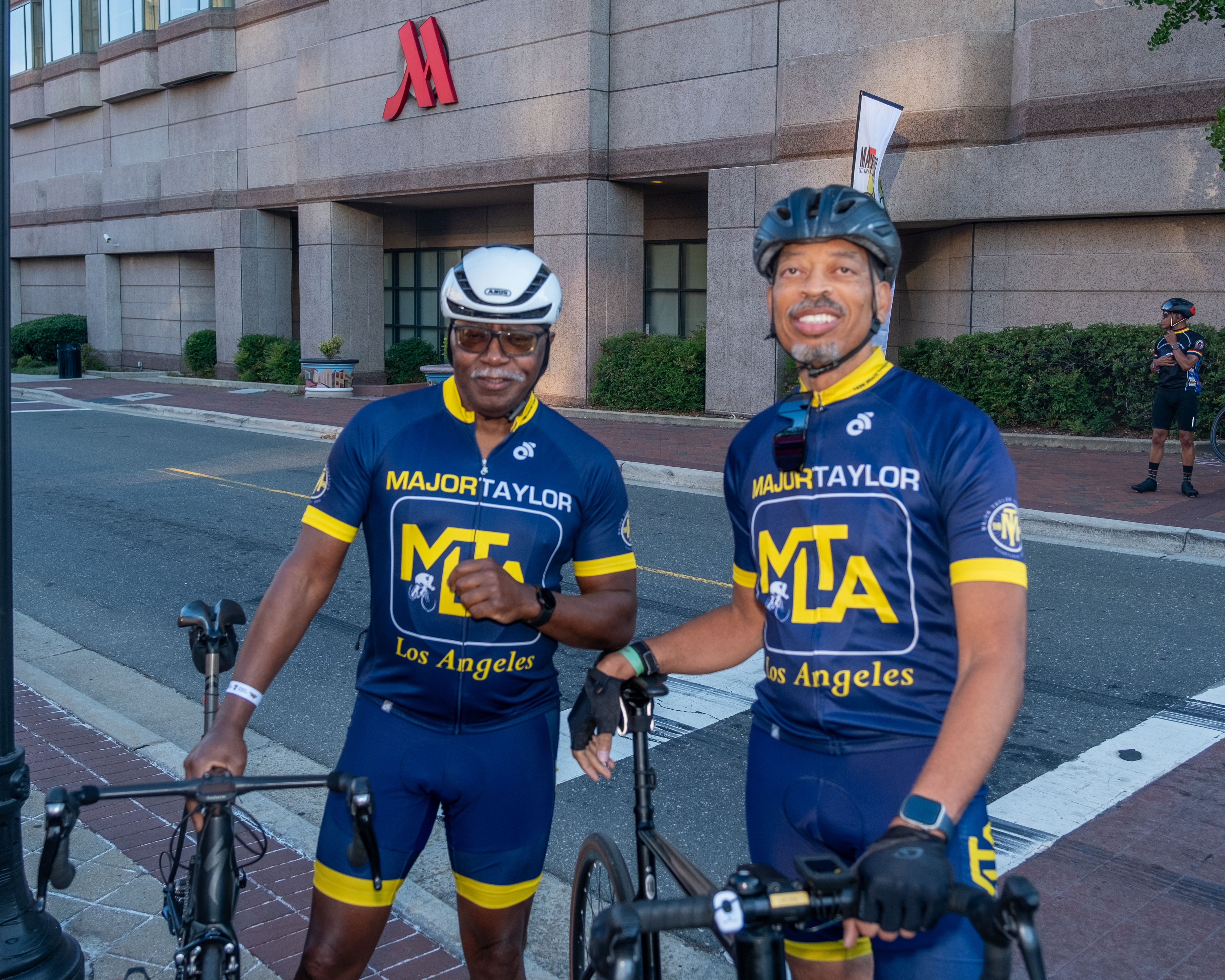 Major Taylor Los Angeles cycling club members posing in front of the Marriott Durham City Center hotel at the MTICA 2026 Convention