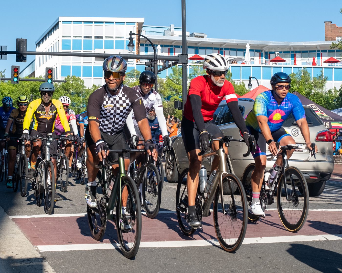 Cyclists rolling out from the wave start at the MTICA 2026 Major Taylor Cycling Convention in downtown Durham NC