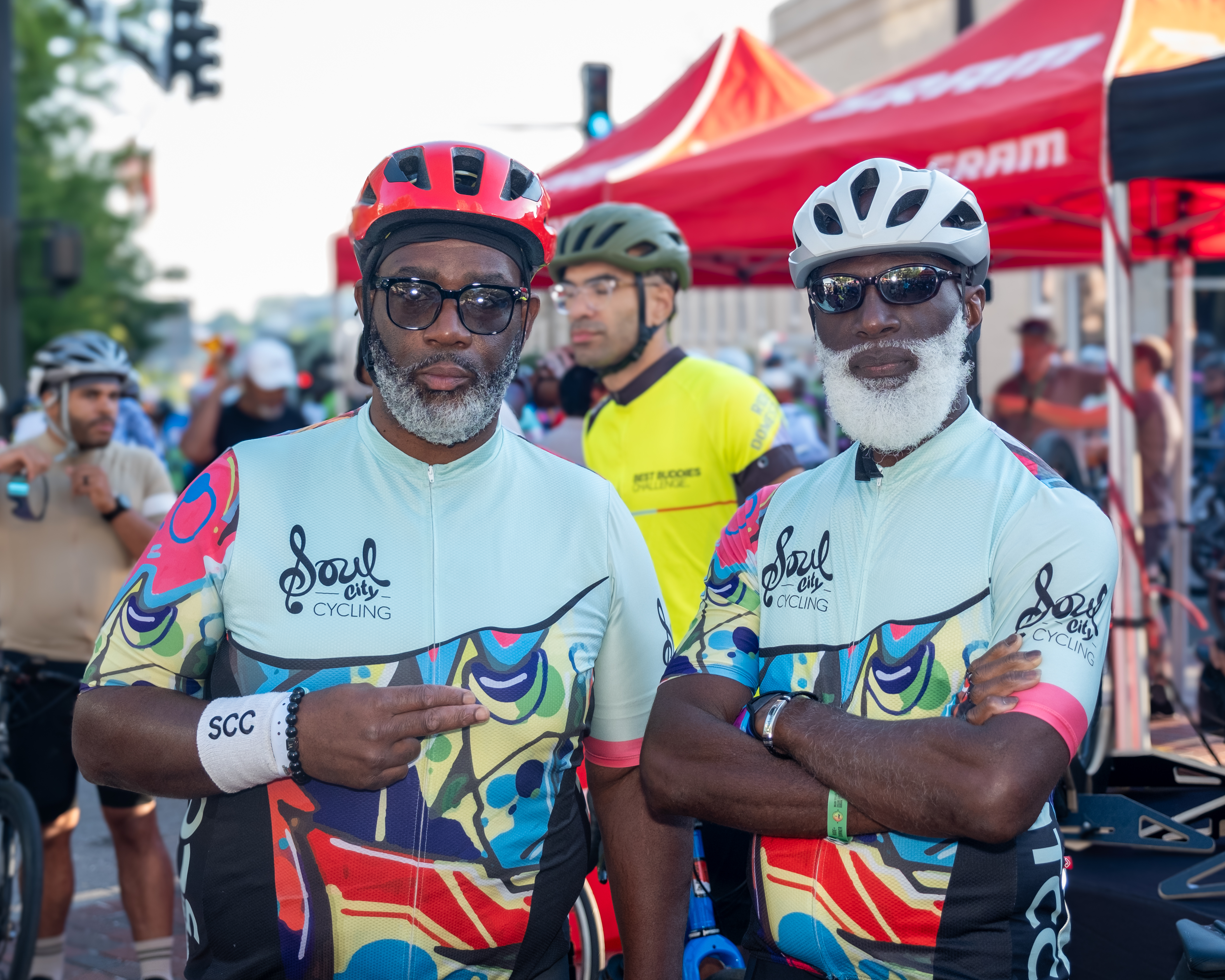 Soul City Cycling club members at the SRAM sponsor tent at Major Taylor Village during the MTICA 2026 Convention in Durham NC