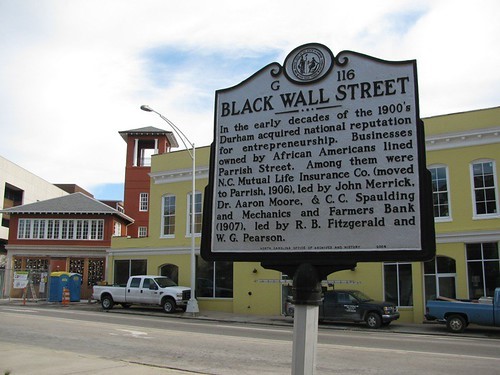 The Black Wall Street historical marker on Parrish Street in downtown Durham